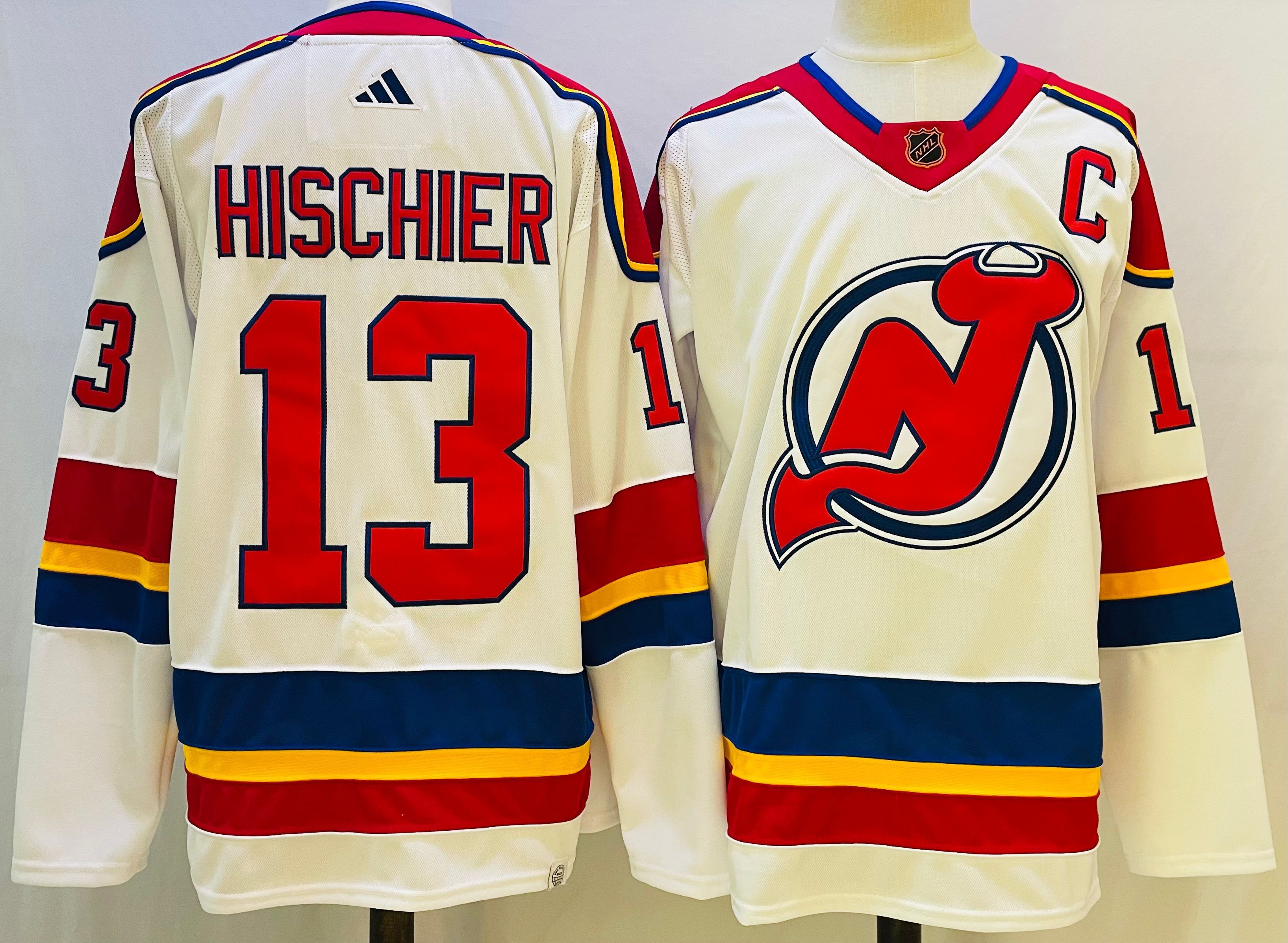 Men New Jersey Devils 13 Hischier White Throwback 2022 Adidas NHL Jersey